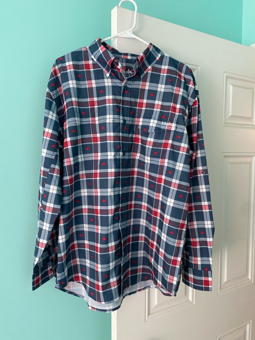 Huk Men’s Navy, Red & White Plaid Button-Down Shirt